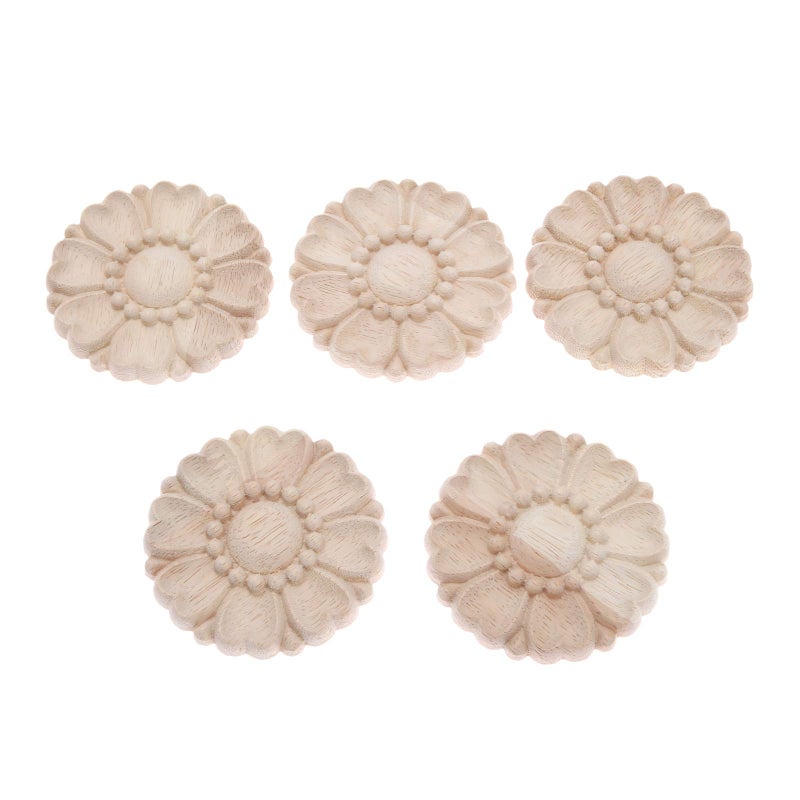 MUXSAM 5-Pack Unpainted Round Wood Carved Applique Onlay Decals for Cupboard Dresser Bed Furniture Crafts Decor(8cm/3.15") - Image 1
